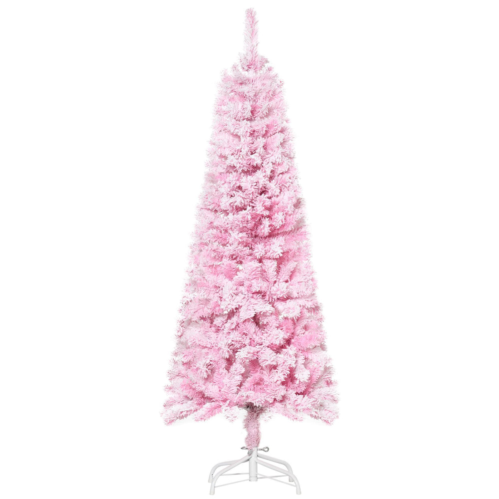 5 FT Snow Flocked Artificial Christmas Tree, Pencil Xmas Tree With Realistic Branches, Auto Open And Steel Base, Pink EX-STOCK Canada