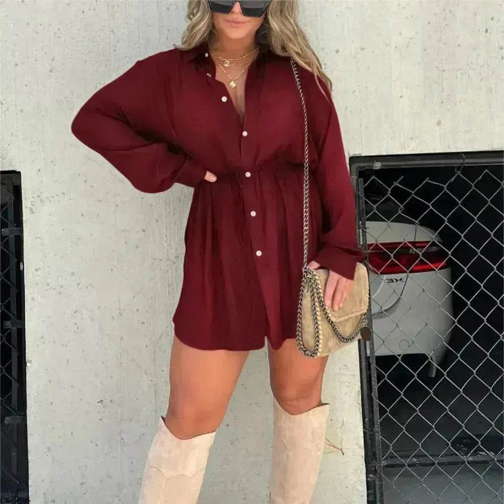 Elegant Women's Long Sleeve Button down Shirt Dress Fashionable Short Outfit Set Two piece Suit Set - EX-STOCK Canada