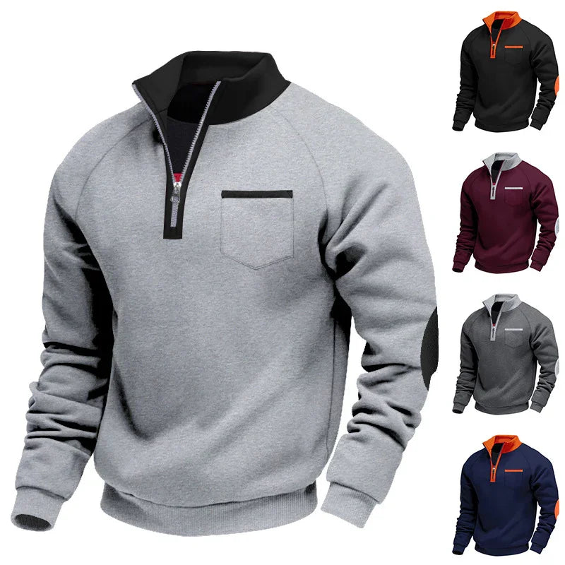 Men's Fleece-lined Heavy-duty Warm Zip-up Stand Collar Patchwork Stylish Casual Long-sleeve Sweatshirt EX-STOCK Canada