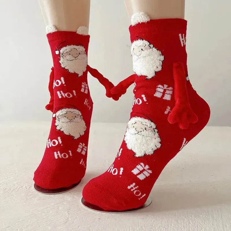 Christmas Magnetic Socks Cute Elk Santa Claus Snowman Hand-holding Socks For Couple - EX-STOCK Canada