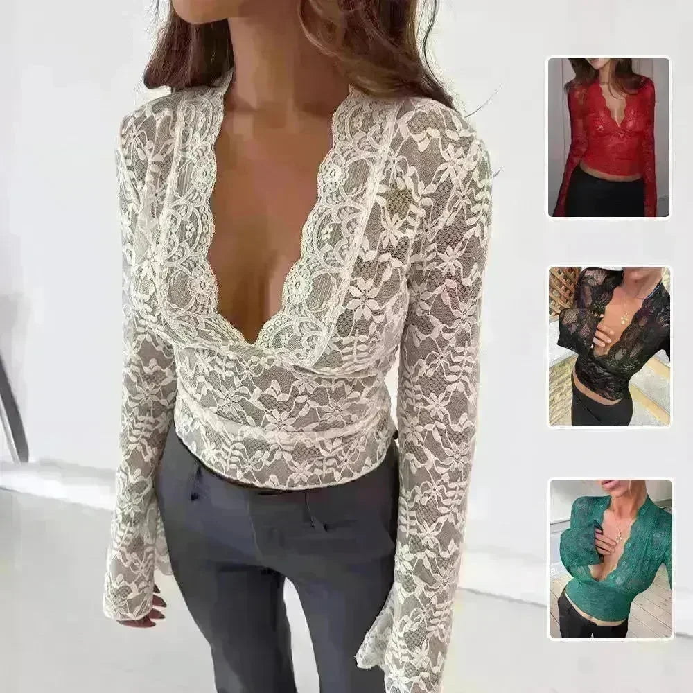 Flowers Lace Long Sleeve Top Y2K Fashion Slim Bottoming Crop Top for Women Casual Lace Top for Women - EX-STOCK CANADA