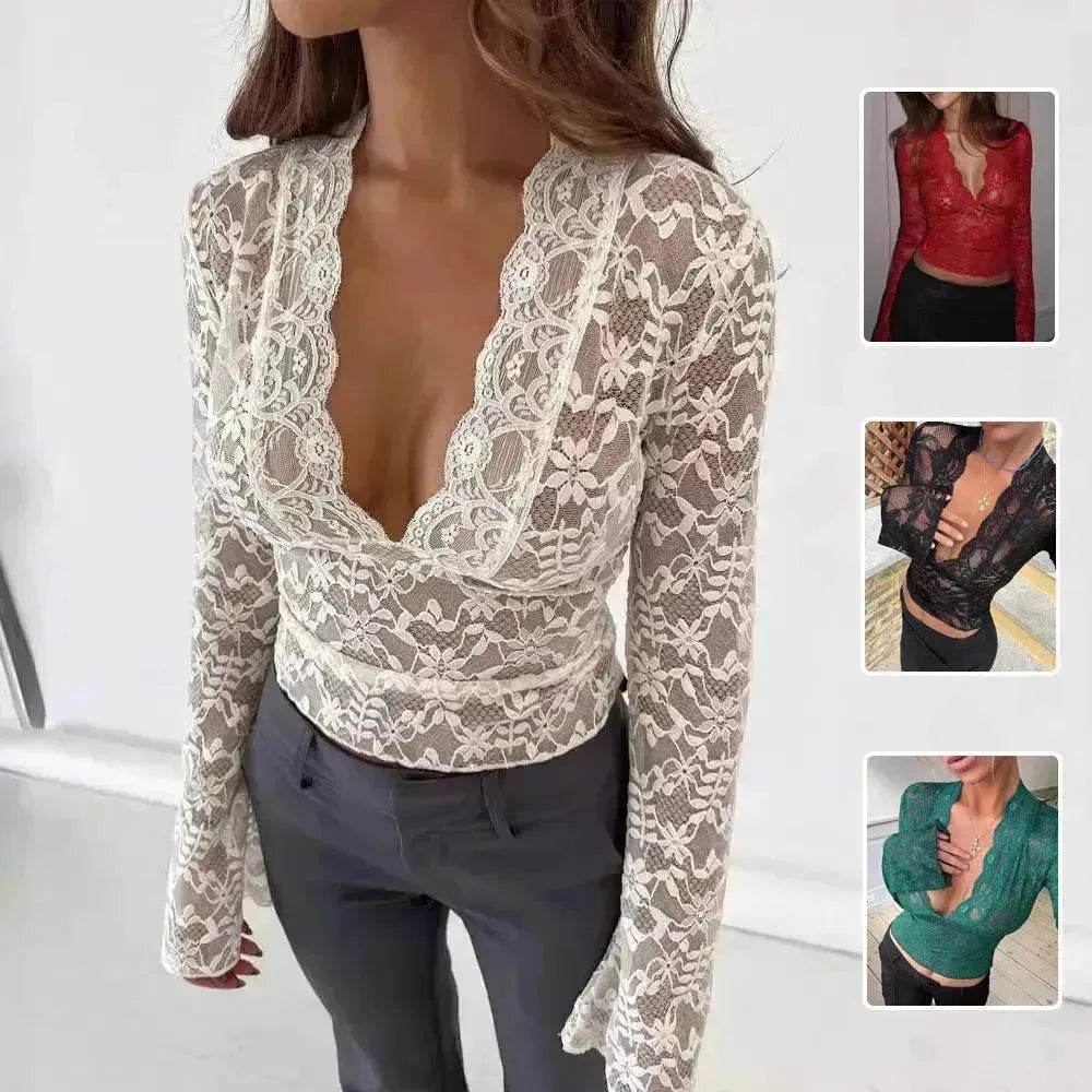 Flowers Lace Long Sleeve Top Y2K Fashion Slim Bottoming Crop Top for Women Casual Lace Top for Women - EX-STOCK Canada