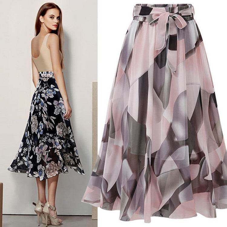 Women Formal Work Office High Waist Floral Midi Big Swing Chiffon Skirt - EX-STOCK Canada
