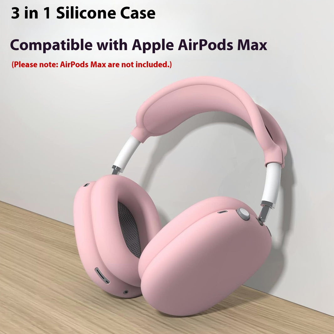 Pink headphones with a 3-in-1 silicone case on a wooden surface.