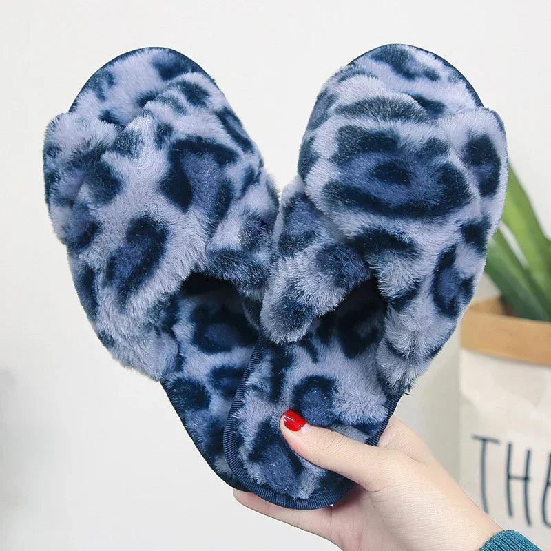 Cross-strap Fuzzy Slippers Leopard Plush House Shoes Flat Bedroom Slippers Slippers For Women EX-STOCK Canada
