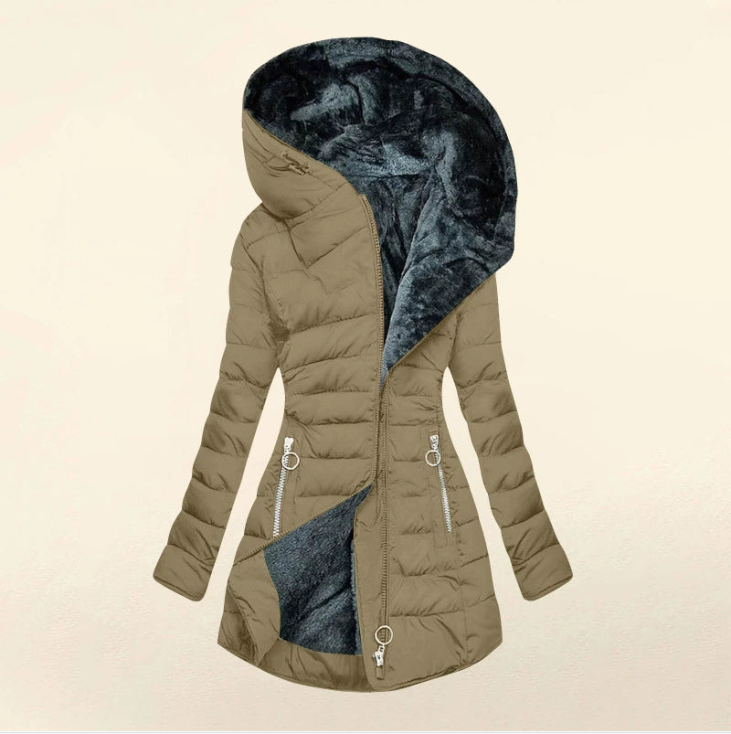 Brown puffer jacket with a fur-lined hood on a beige background