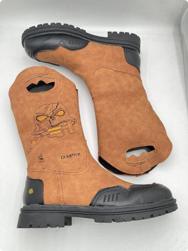 Pair of brown work boots with black soles on a white background