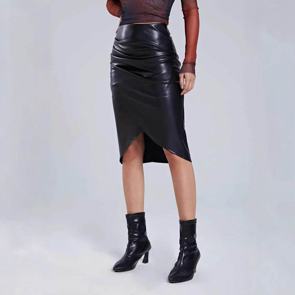 Front Split Leather Skirt Formal Office Work High Waist Sheath midi black Skirt - EX-STOCK Canada
