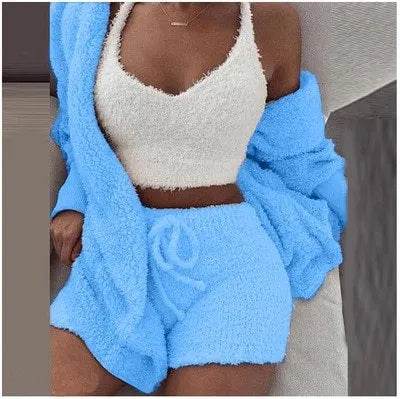 Winter Sexy Women Home Wear Suit Casual Pajamas Set Lady Female Soft Warm Long Sleeve Exposed Navel Vest Shorts Set - EX-STOCK Canada