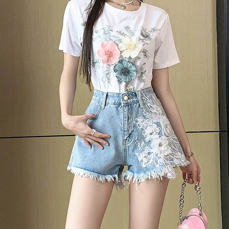 Exquisite Embroidered Flowers Denim Shorts For Women - EX-STOCK Canada