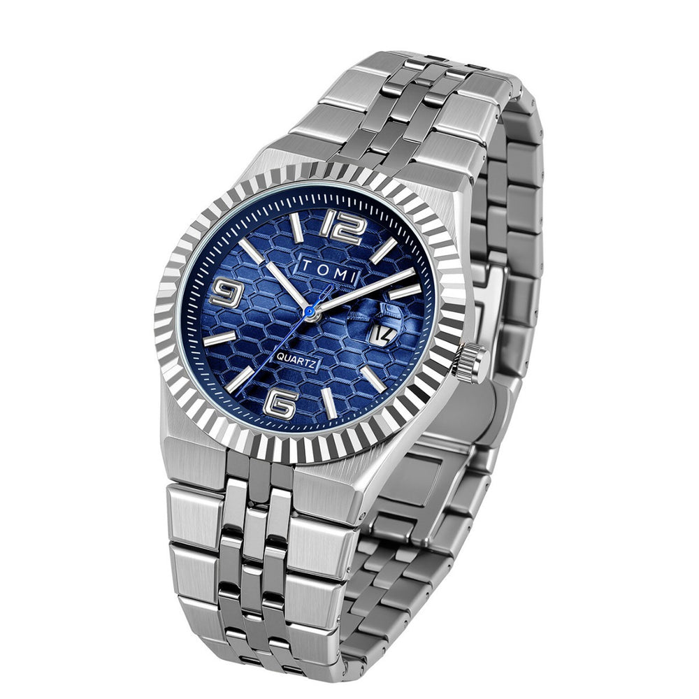 Silver watch with blue face on a white background