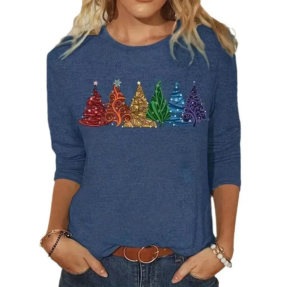 Women's Long-sleeved T-shirt Christmas Tree Printed Round Neck Loose Casual - EX-STOCK Canada