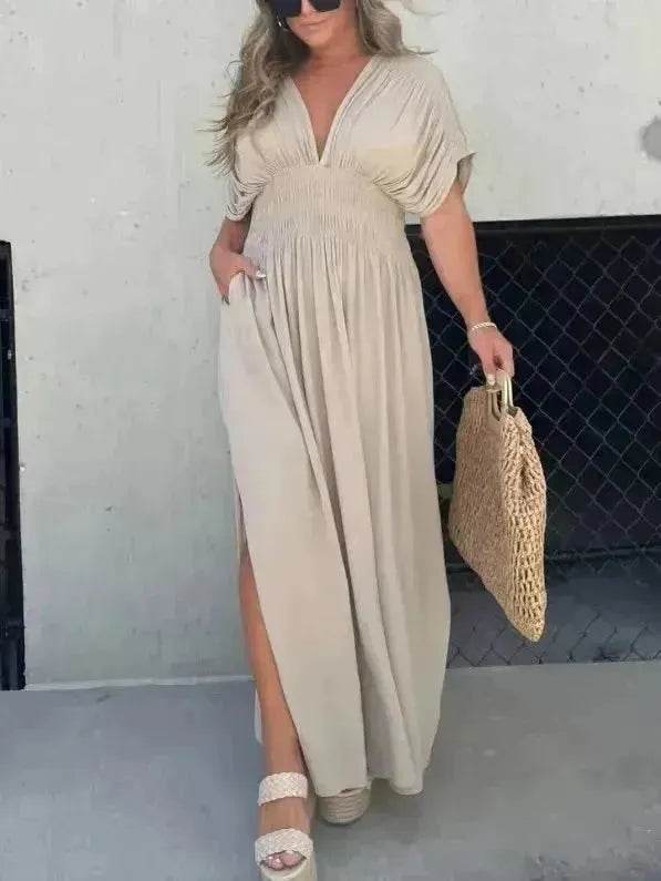 Fashion Bat-sleeved V-neck Slit Dress Summer Beach Short Sleeve Elastic Waist Split Long Dresses Womens Clothing - EX-STOCK Canada