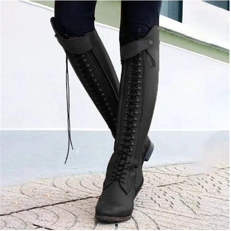 Black knee-high riding boots with laces on a blurred background Women's Over-the-Knee Lace-Up Equestrian Boots – Black, Brown & Red | Sizes 34–43