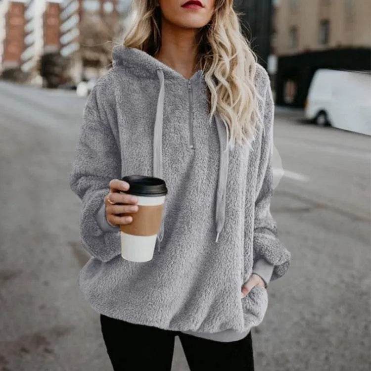 Women's Polerones Fleece Hoodie Pullover fall Winter Zipper Pocket Sweatshirt - EX-STOCK Canada