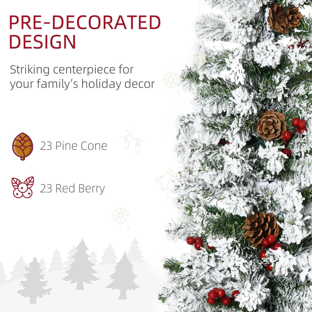 6 Foot Pencil Snow Flocked Artificial Christmas Tree With 600 Pine Realistic Branches, Pine Cones, Red Berries, Auto Open, Green EX-STOCK Canada