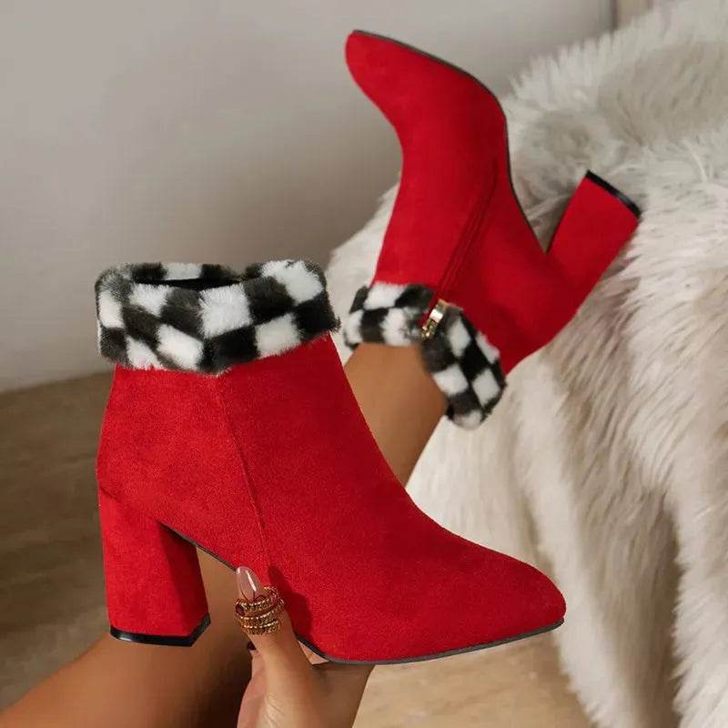 New Plaid Print Plush Ankle Boots Winter Fashion Square Heel Suede Boots Women Casual Versatile Shoes Autumn And Winter - EX-STOCK Canada