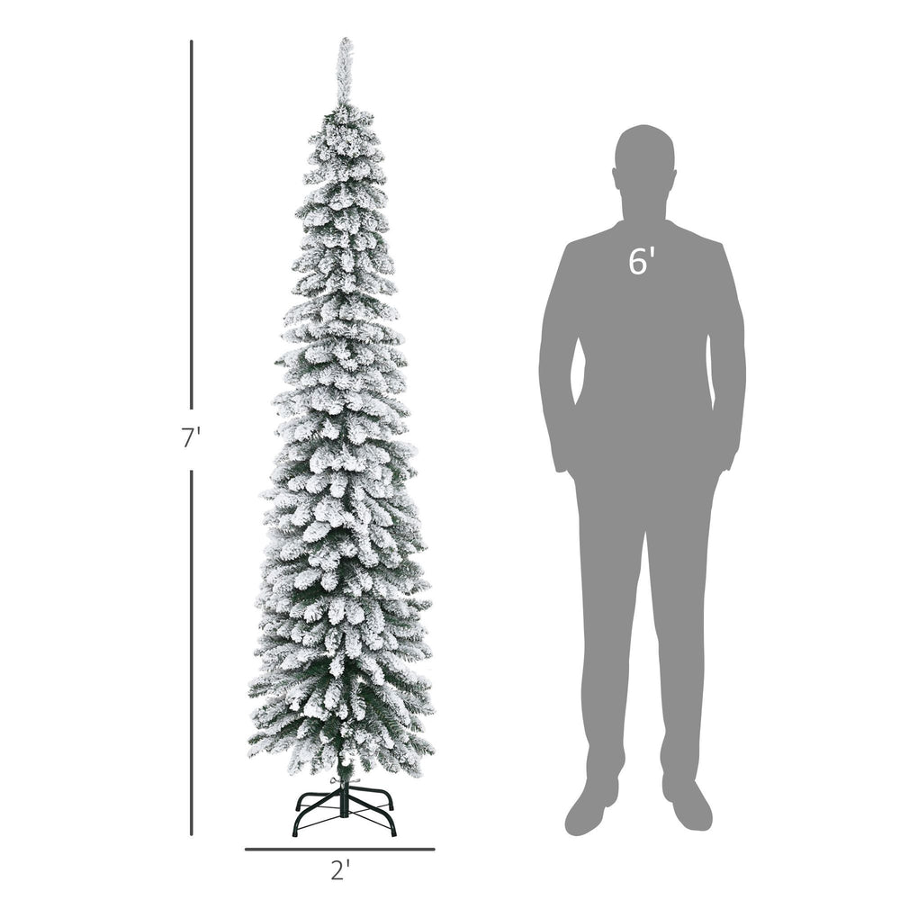 7ft Snow-Flocked Artificial Christmas Tree, Slim Pencil Xmas Tree With 490 Realistic Branches, Metal Base, Green EX-STOCK Canada