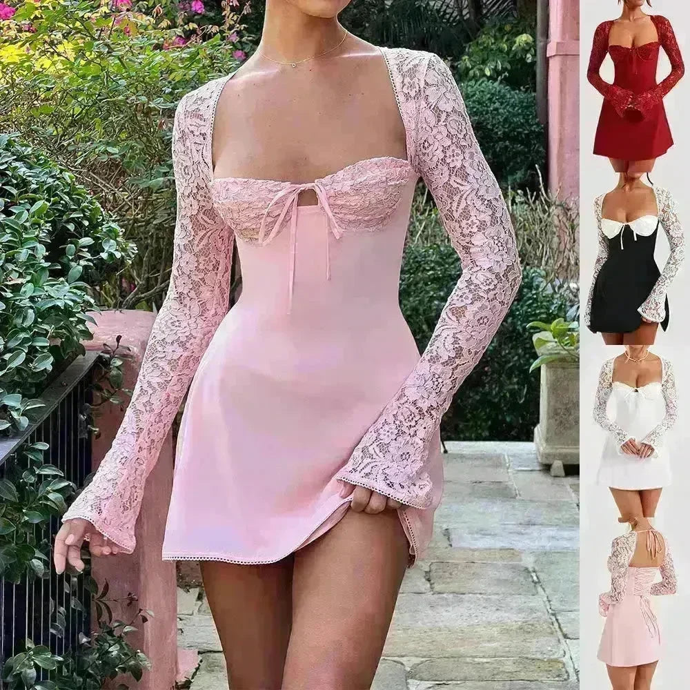 Women Fashion Corset Lace Long Sleeve Dress Charming Y2K Backless Lace up Short Mini Dress Low Back Mini Dress for Cocktail Evening Party Events. - EX-STOCK CANADA