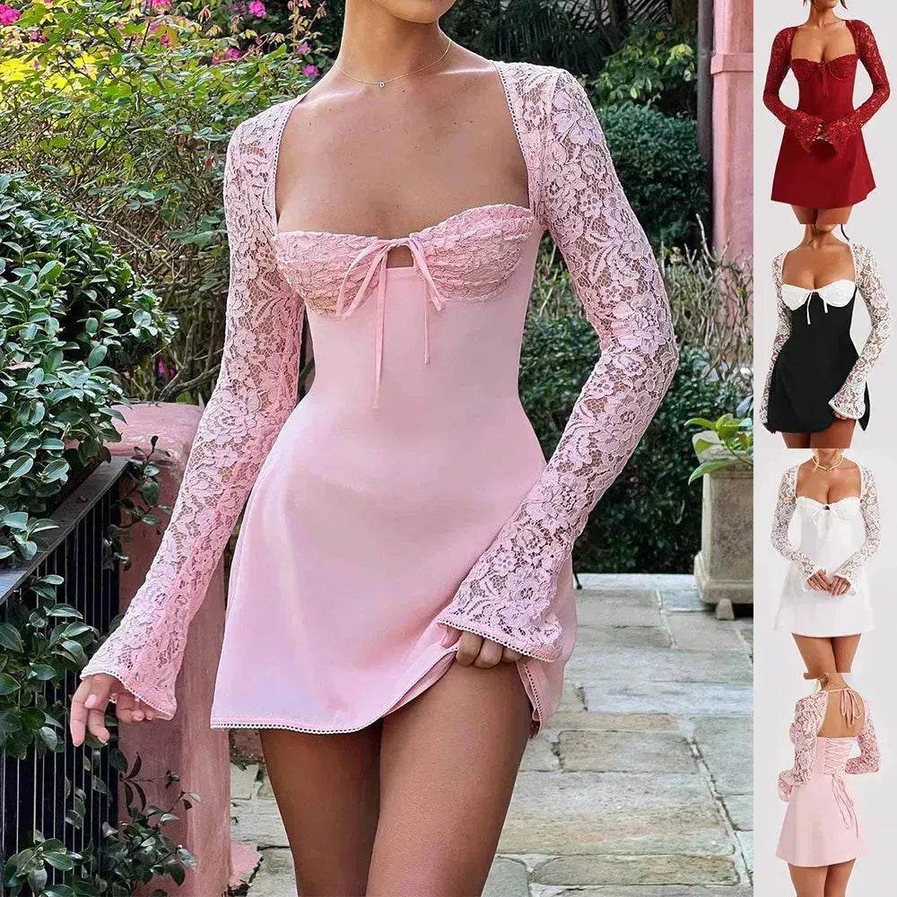 Women Fashion Corset Lace Long Sleeve Dress Charming Y2K Backless Lace up Short Mini Dress Low Back Mini Dress for Cocktail Evening Party Events. - EX-STOCK Canada