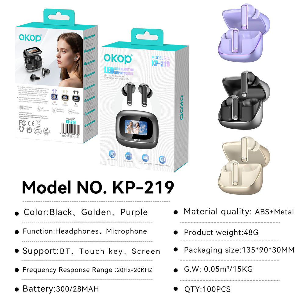 Product packaging and color options for the OKOP Model NO. KP-219 LED Bluetooth earbuds.