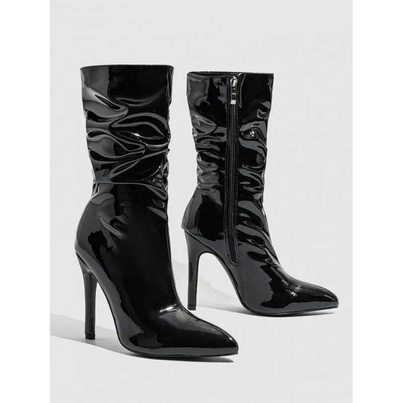 Patent Leather High Heel Pointed Stiletto Heel Pile Style Boots - EX-STOCK Canada