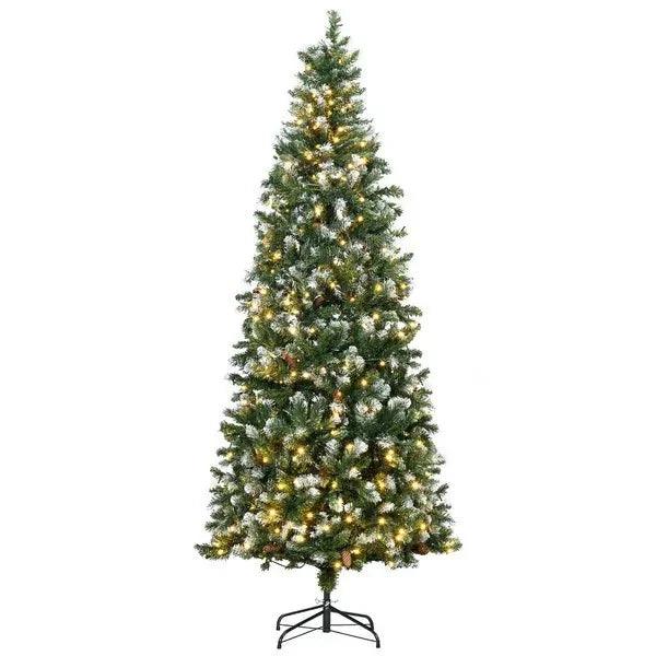 Sapin de Noël décoré de 7,5', sapin de Noël artificiel mince pré-éclairé avec branches saupoudrées de neige, ouverture automatique, pommes de pinEX-STOCK Canada