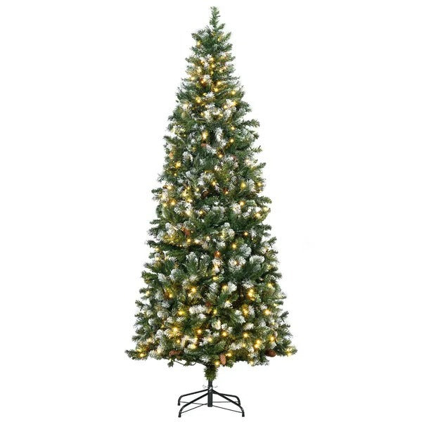 7.5' Decorated Christmas Trees, Skinny Prelit Artificial Christmas Tree With Snow-dipped Branches, Auto Open, Pinecones EX-STOCK Canada
