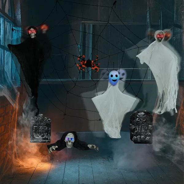Outdoor Halloween Decorations 8-Piece Set, Hanging Ghosts Decor And Cobweb And Gravestone With Lighted Up Eyes, Scary Swinging Ghost Flying For Yard Patio Lawn Garden - EX-STOCK Canada