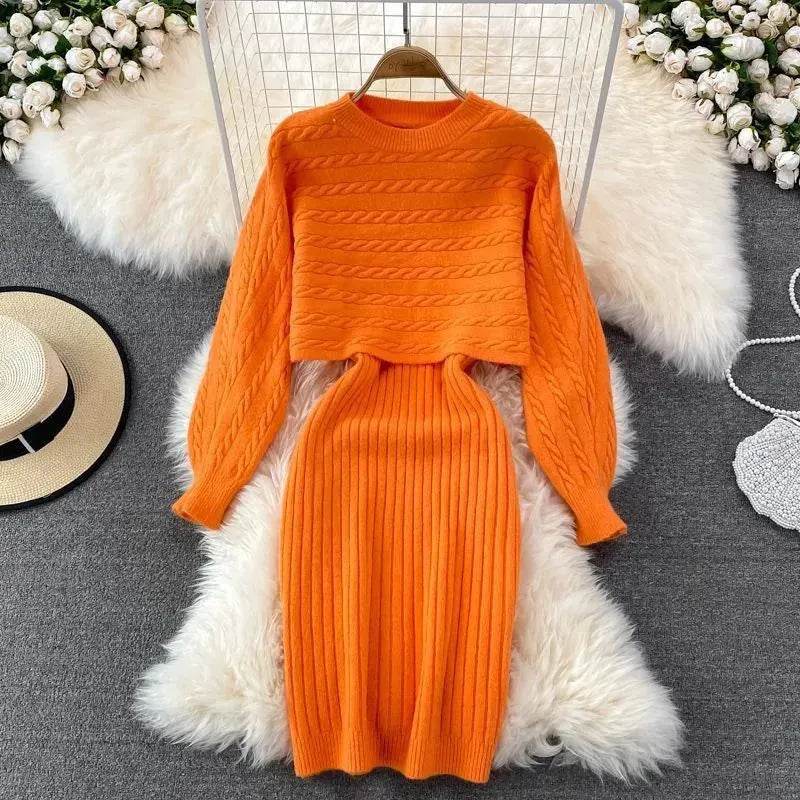 Autumn Winter Sassy Woolen Knitted Two Piece Midi Sweater Dress Outfit set - EX-STOCK Canada