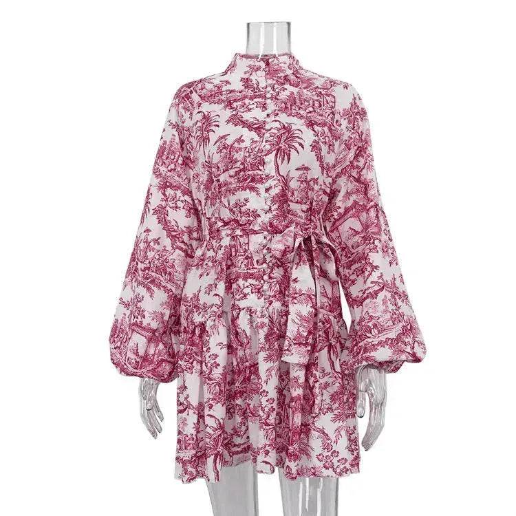 Ink Print Long Sleeve Floral Short Mini Skater Dress With Fashion Puffy Sleeve Lapel Tie A-Line Dress Clothing - EX-STOCK Canada