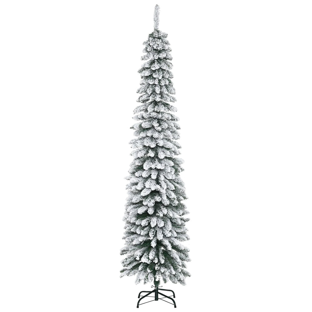 7ft Snow-Flocked Artificial Christmas Tree, Slim Pencil Xmas Tree With 490 Realistic Branches, Metal Base, Green EX-STOCK Canada