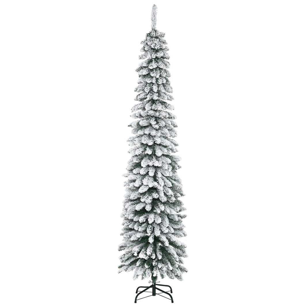 7ft Snow-Flocked Artificial Christmas Tree, Slim Pencil Xmas Tree With 490 Realistic Branches, Metal Base, Green EX-STOCK Canada
