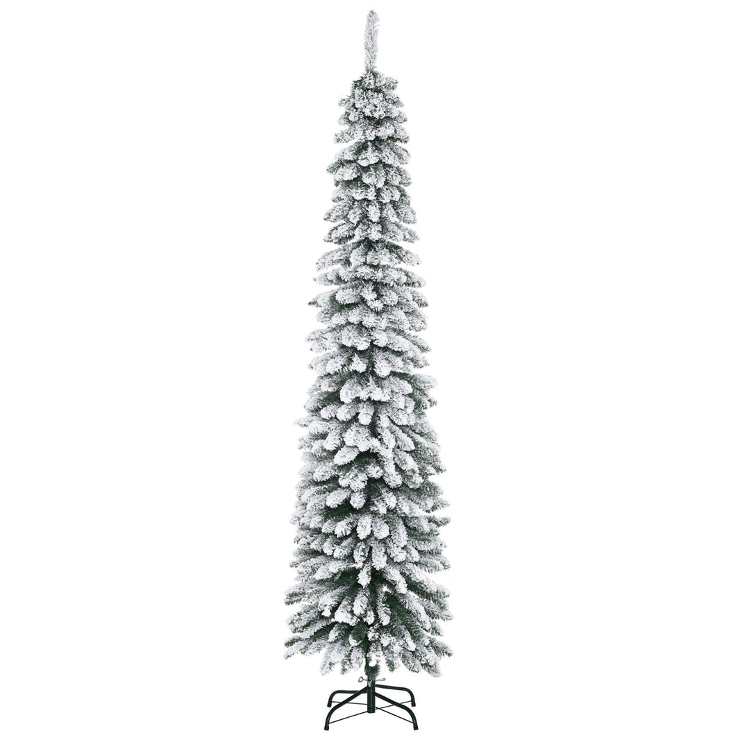 7ft Snow-Flocked Artificial Christmas Tree, Slim Pencil Xmas Tree With 490 Realistic Branches, Metal Base, Green EX-STOCK Canada
