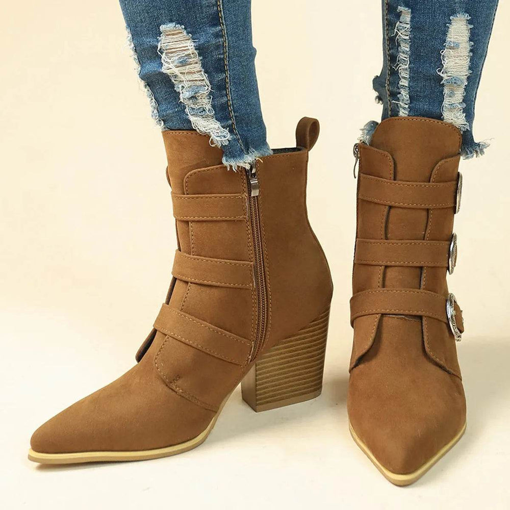 Chunky Heel Pointed Toe Boots With Belt Buckle Design Retro Mid-calf Boot Fashion Fall Winter Shoes For Women - EX-STOCK Canada
