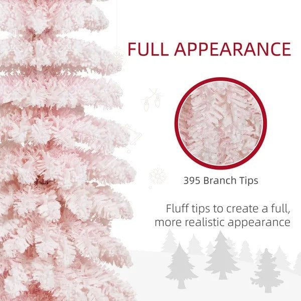 6ft Snow-Flocked Artificial Christmas Tree, Slim Pencil Xmas Tree With 395 Realistic Branches, Metal Base EX-STOCK Canada