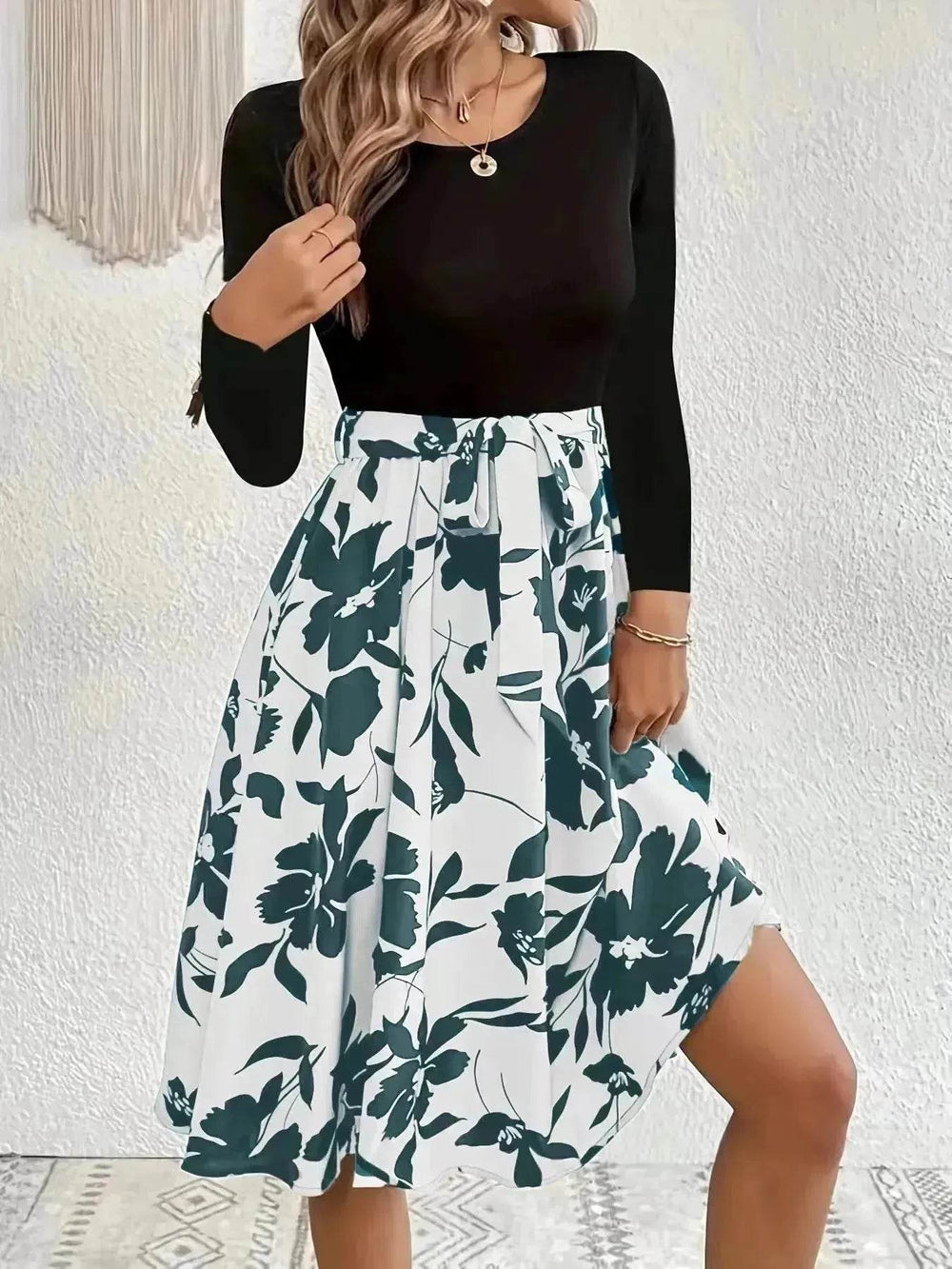Floral Print Long Sleeve Skirt - Round Neck Flared Dress - EX-STOCK Canada