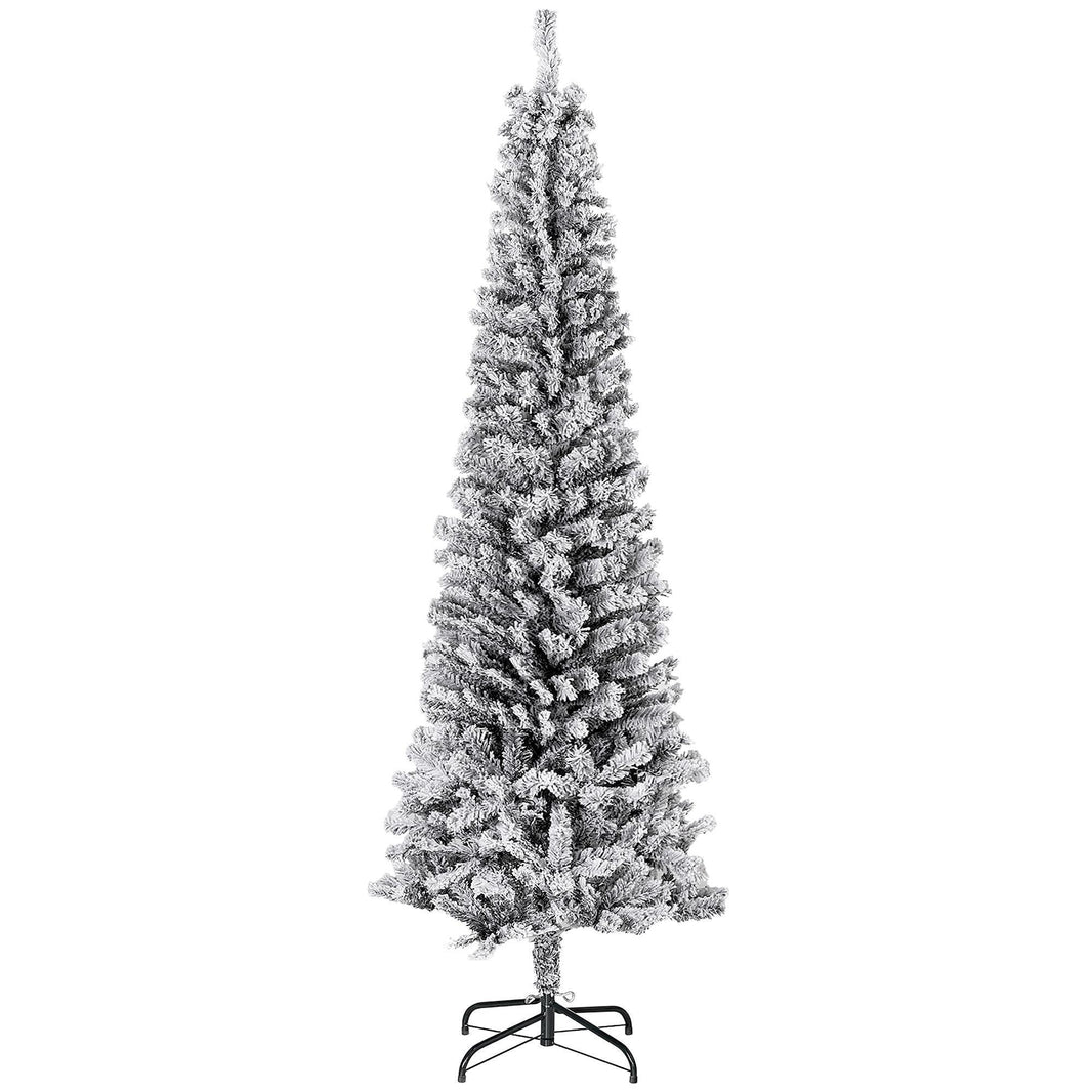 6ft Flocked Christmas Tree, Pencil Christmas Tree With Realistic Branch Tips, Folding Metal Stand, Black EX-STOCK Canada