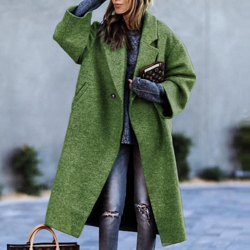 Manteau long en laine verte pour automne et hiver, couleur tempérée, style décontracté sans ceinture avec col à revers EX-STOCK Canada