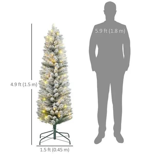 Sapin de Noël artificiel pré-éclairé de 5 pieds avec lumière LED blanche chaude, branches enneigées, base en métal, sapin de Noël en forme de crayonEX-STOCK Canada