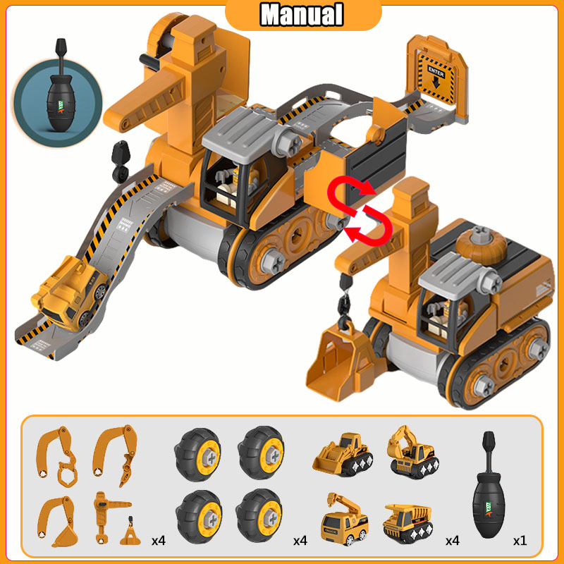 4-in-1 Construction Vehicle Toy Set, Build-and-Play Crane, Excavator and Track System EX-STOCK Canada