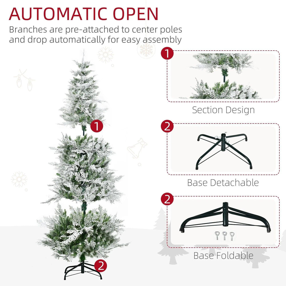 6 Feet Pencil Snow Flocked Artificial Christmas Tree With 517 Realistic Cypress Branches, Auto Open, Green EX-STOCK Canada