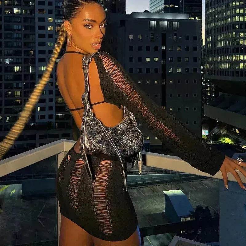 Women Fashion Slim Fit Hollow Long Sleeve Dress Y2K Charming Backless Hip-hugging Short Mini Suspender Dresses for Club Party - EX-STOCK Canada