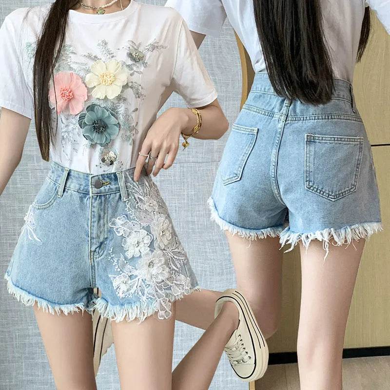 Exquisite Embroidered Flowers Denim Shorts For Women - EX-STOCK Canada