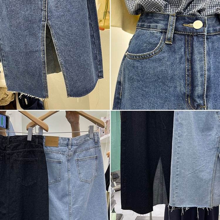 Casual Front Slit Dark Blue and Light Blue Denim Midi Skirt for women - EX-STOCK Canada