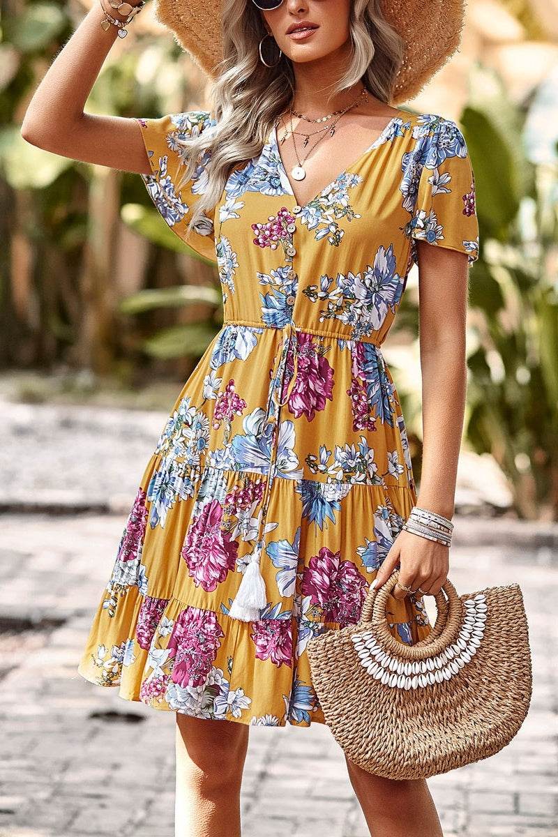 Women Casual floral summer dress Printed V-neck short sleeve Mini Dress - EX-STOCK Canada