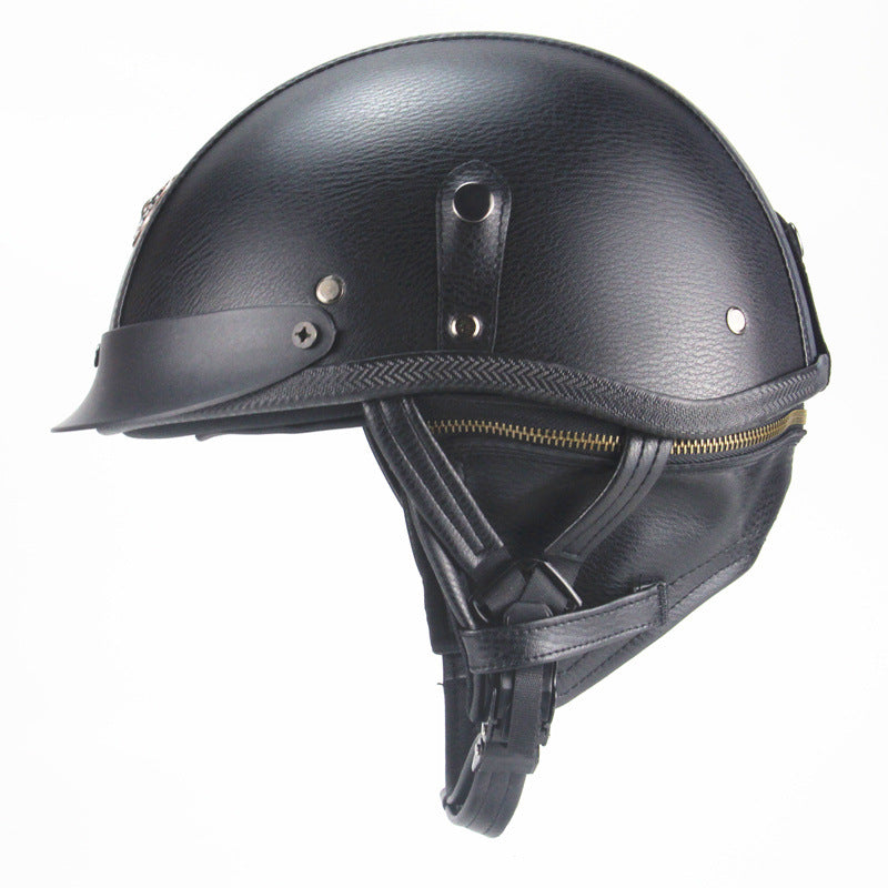 Retro Half-Face Leather Motorcycle Helmet – Black & Brown, S–XL