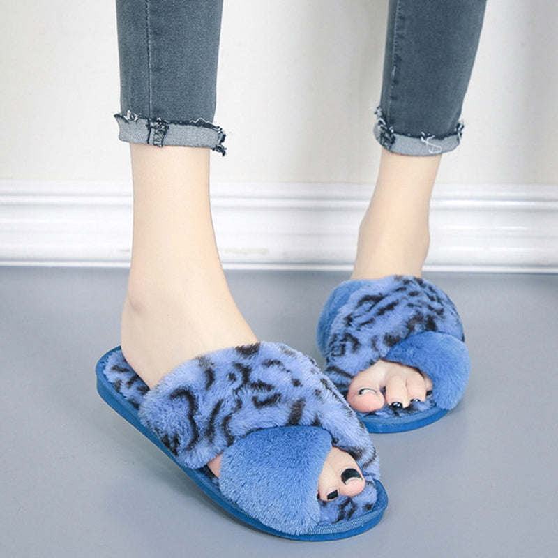 Cross-strap Fuzzy Slippers Leopard Plush House Shoes Flat Bedroom Slippers Slippers For Women EX-STOCK Canada