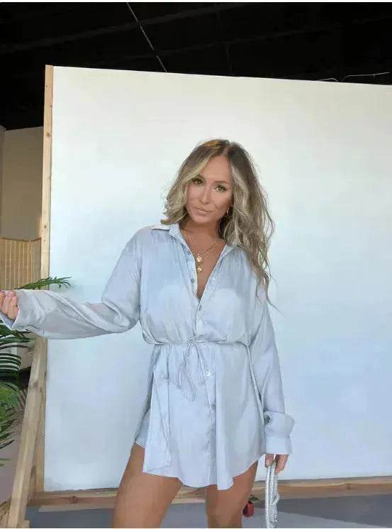 Elegant Women's Long Sleeve Button down Shirt Dress Fashionable Short Outfit Set Two piece Suit Set - EX-STOCK Canada