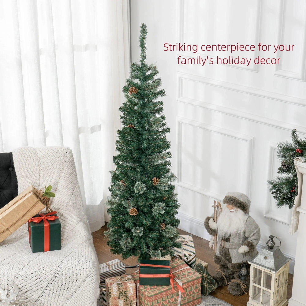 5ft Pencil Christmas Tree, Artificial Christmas With Pine Needles, Realistic Branches, Pine Cones, Metal Base, Green EX-STOCK Canada